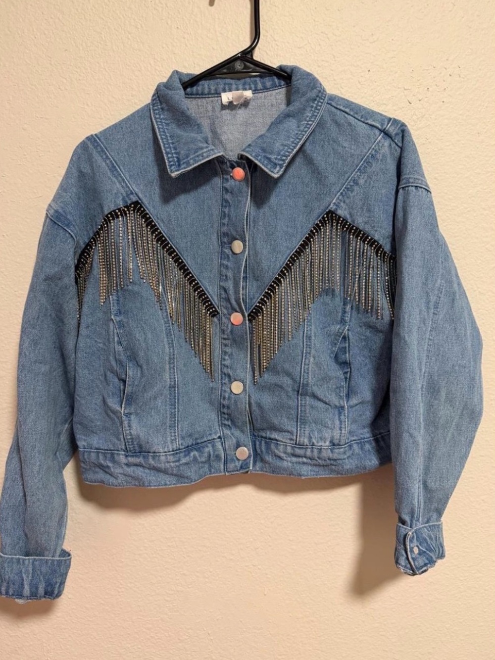Le Lis Light Blue Denim Jacket with Silver Fringe Accents